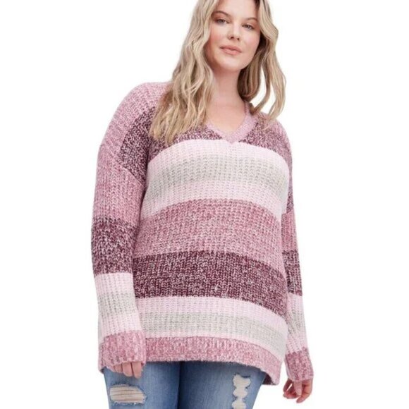 torrid Sweaters - Torrid Pullover Slouchy V-Neck Tunic Sweater, Multi Stripe Pink 1 (1X, 14-16)